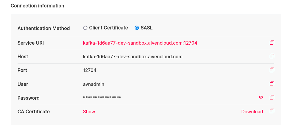 Aiven Kafka connection information
